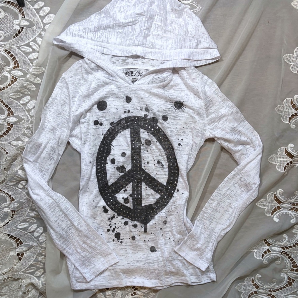 Y2K Grunge Mcbling Vintage White Burnout Peace Sign Rhinestone Splatter Hoodie L